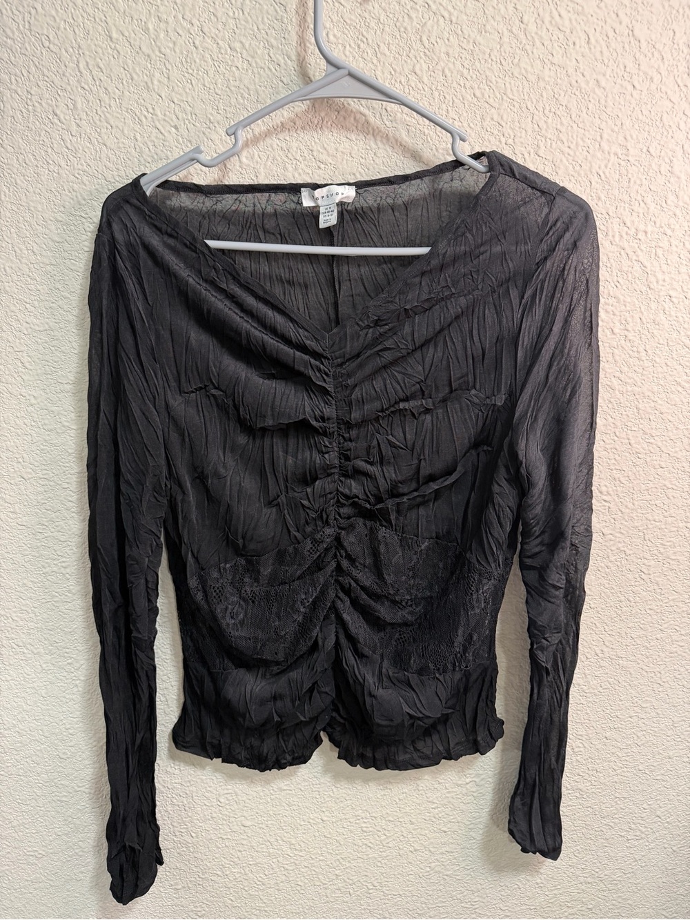 Topshop Black Ruched Long Sleeve Blouse